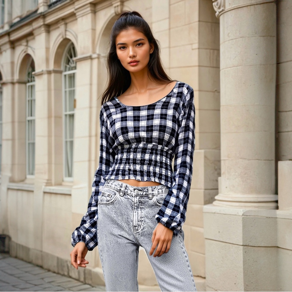 NWT Sim & Sam Black & White Plaid Smocked Long Sleeve Peasant Top | Size M